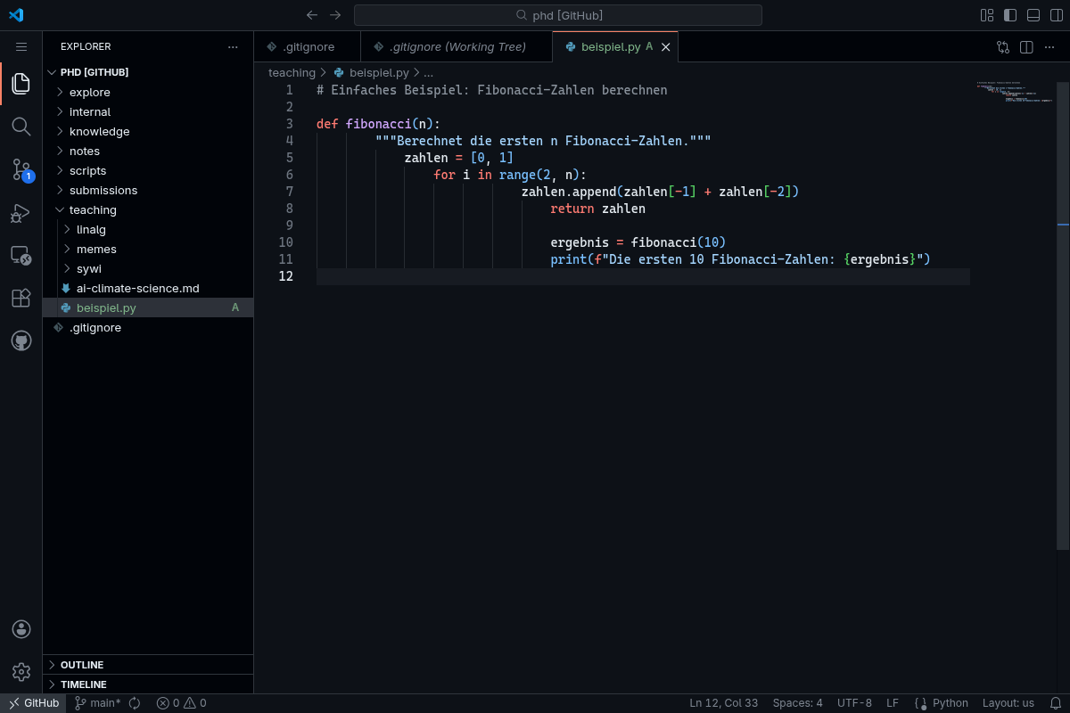 VSCode Explorer mit einer neuen Python-Datei (A = Added)
