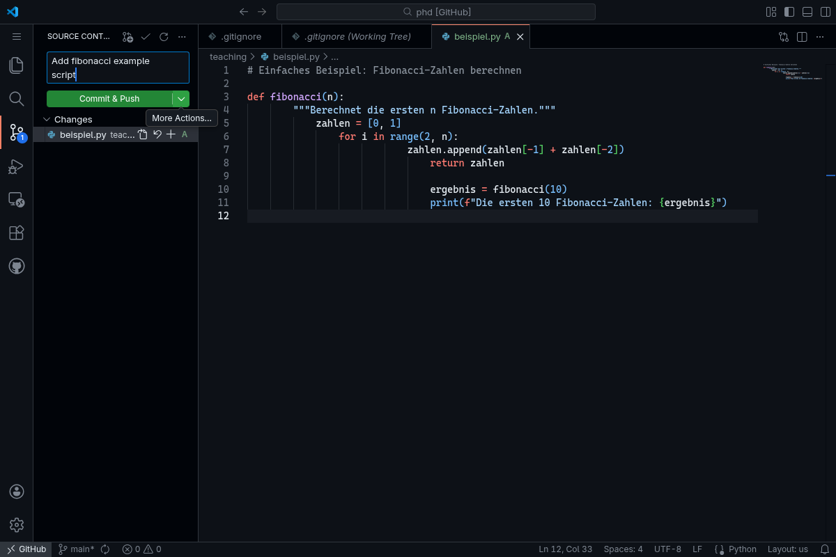 VSCode Source Control Panel mit Commit-Nachricht