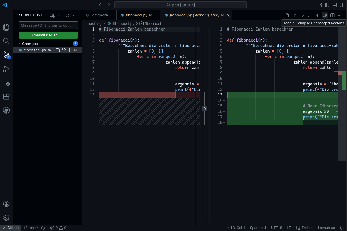 VSCode Diff View zeigt Änderungen